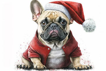 Cute French Bulldog In a santa claus costume. Watercolor painting. Generative AI