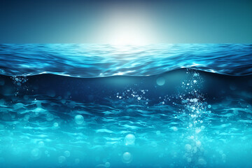 Clean blue water wave surface and splash and air bubbles background. Generative AI.