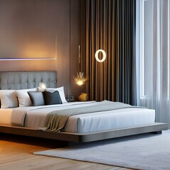 A modern and chic bedroom with a platform bed and a simple pendant light3, Generative AI