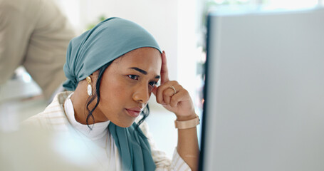 Hijab, headache and business woman burnout at a office computer feeling anxiety and stress. Finance...