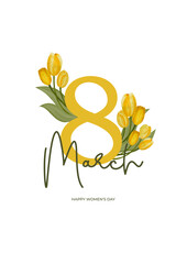 Postcard for March 8 with yellow watercolor tulips. Congratulations on Women's Day. Vector template