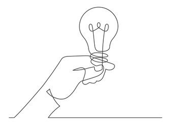 Continuous line drawing of hand holding bulb.
Vector illustration