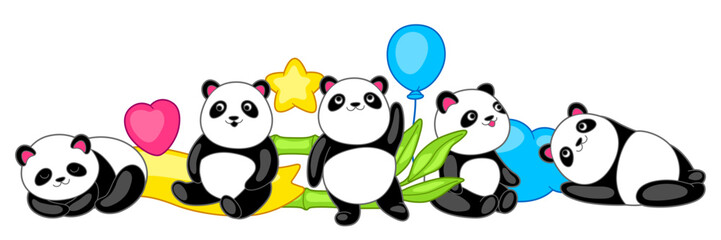Background with cute kawaii little pandas. Funny characters and decorations in cartoon style.