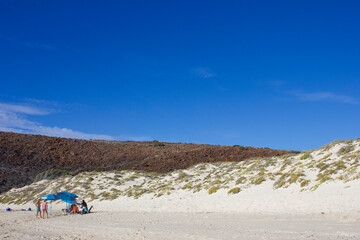 People under umbrellas at the beach