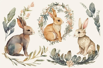 Fototapeta premium Hand drawing easter watercolor cartoon bunnies. Generative AI. 