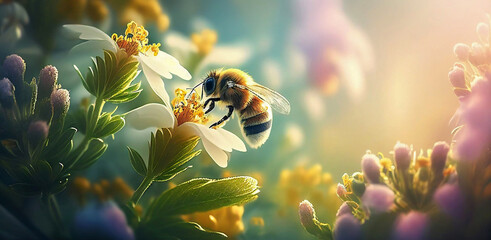 Honey bee sits on a flower and collects nectar. Close-up of a working insect. Seasonal background surrounded by the beautiful light of the rising sun. Moody light. Spring time. - obrazy, fototapety, plakaty