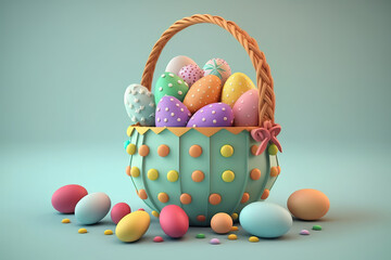 Naklejka na ściany i meble Happy Easter basket and many pastel color Easter eggs. Generative AI. 