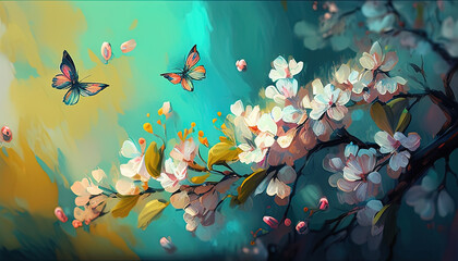 butterfly on the white orange flowers butterfly flying to a cherry branch blossom glowing blue yellow background