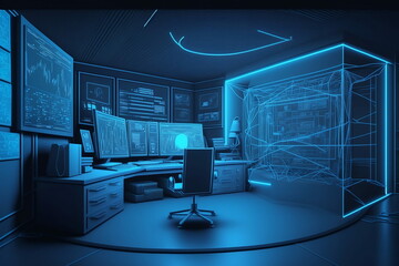 Low poly wireframe PC room with financial data. Futuristic blue light. Workspace