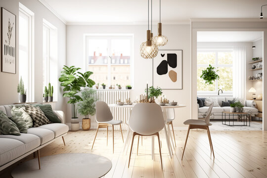Illustration of the interior design of a modern Scandinavian apartment, living room with beige sofa and dining room, panorama 3d rendering generative AI tools