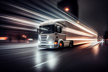 Fototapeta na wymiar A truck speeding in the city at night with taillights giving a speed impression, generative AI