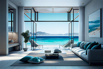 Magnificent luxurious house interior with a view to the beach, generative AI