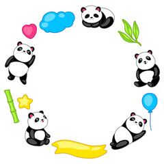 Obraz premium Frame with cute kawaii little pandas. Funny characters and decorations in cartoon style.