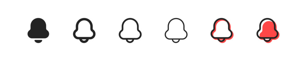 Bell set of six icons in different styles. Notification, alert, ringing, draw attention, announcement, application, yuudilnik, message. Information concept. Set of vector icons isolated