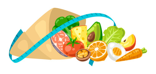 Illustration of package with food. Healthy eating and diet meal. Fruits, vegetables and proteins for proper nutrition.