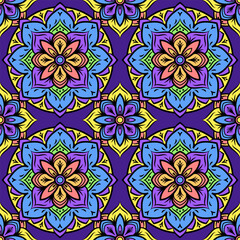 colorful mandalas on purple background, seamless pattern.