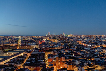 Madrid, Spain. April 6, 2022: Panoramic landscape at night from the Riu Plaza hotel.