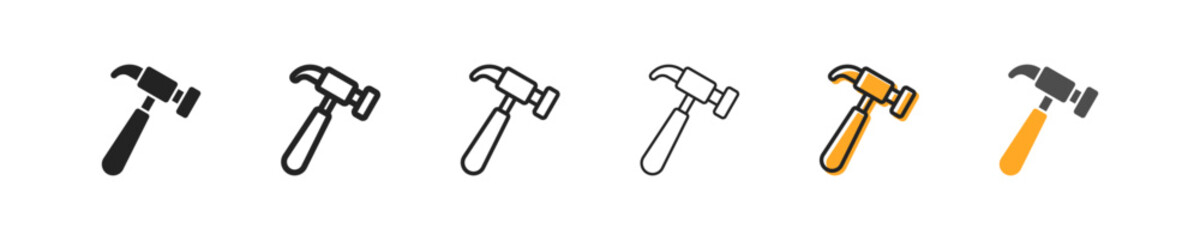 Hammer set of six icons in different styles. Repair, builder, construction, hammer nails, repair, repair, builder, work, reach out. Concept of working tools. Set of vector icons on a white background.