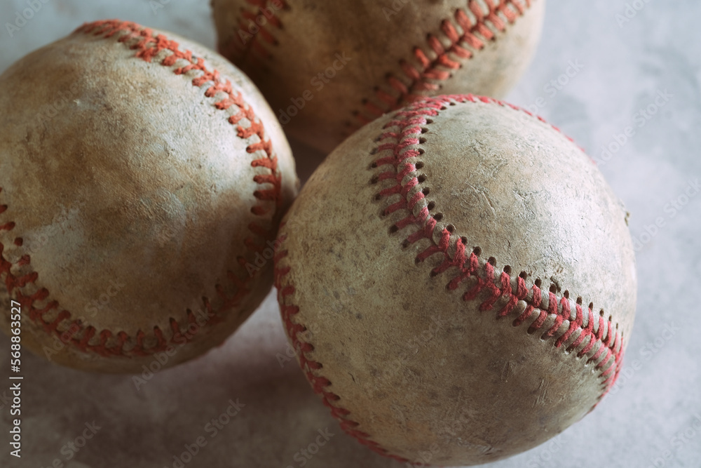 Wall mural rough used texture of baseball balls used in game for sport closeup. - Wall murals