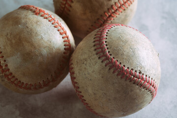 Rough used texture of baseball balls used in game for sport closeup.
