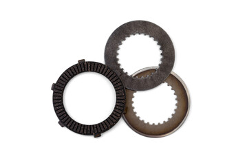 Spare part of motorcycle clutch plate isolated on white background.