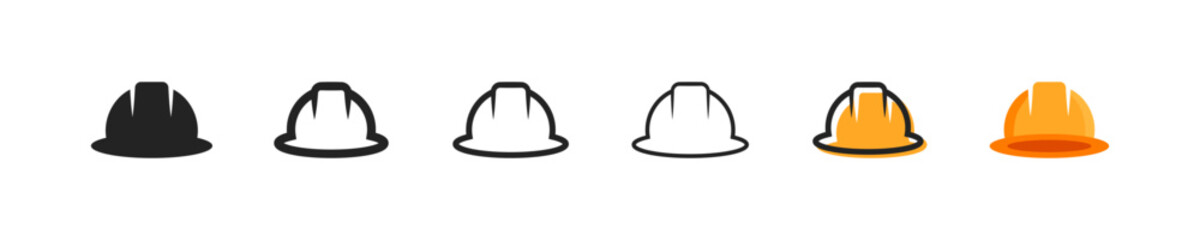 Cutting helmet set of six icons in different styles. Builder, repair, equipment, foreman, safety precautions. responsible approach to work. The concept of a security measure. Set of vector icons