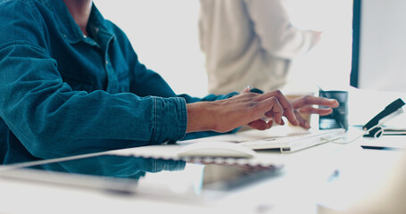 Office computer mouse, hands and black man working feedback review of social media, customer...