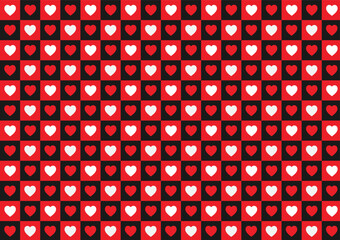 Seamless pattern Red and white hearts on red and black square vector icons for Valentine's day background.
