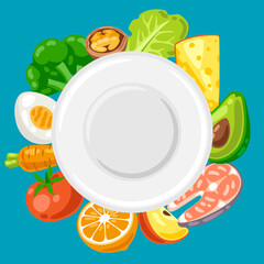 Illustration of plate with food. Healthy eating and diet meal. Fruits, vegetables and proteins for proper nutrition.