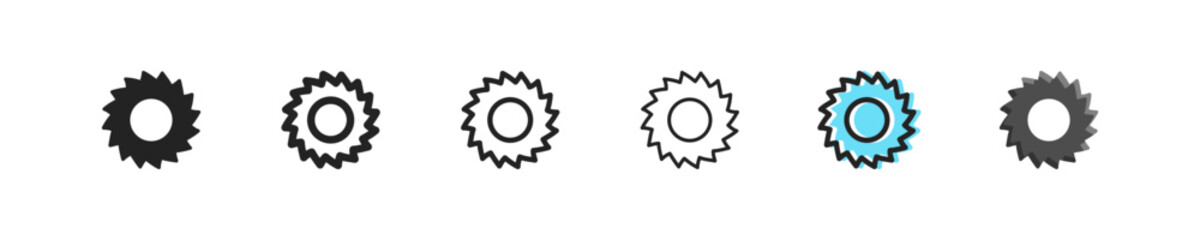 Circular saw set of six icons in different styles. Joiner, wood, sawing, boards,repairs. construction. wood preparation, material,toothed disc. Tools concept. Set of vector icons on a white background