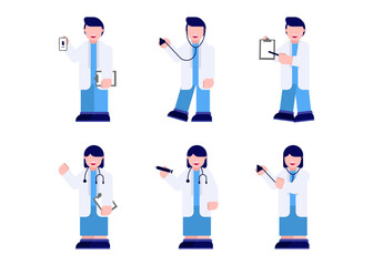 set of Medical personnel in cartoon character with different gesture vector illustration