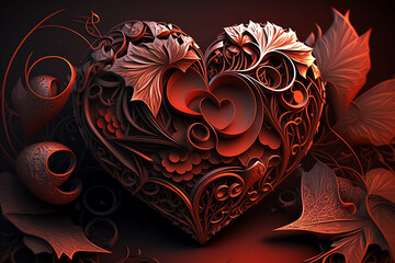 A loving heart with a lot of flowers and textures in red color. Happy valentine's day. Love shape. Generative AI.