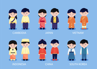 Set of asain regional people with clothing in cartoon characters vector