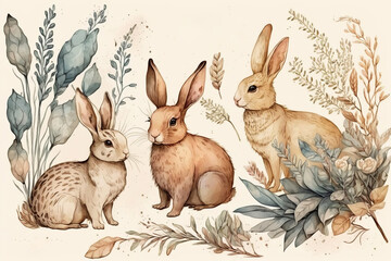 Hand drawing easter watercolor cartoon bunnies. Generative AI. 