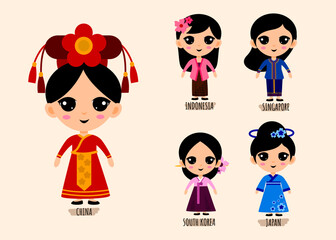 Set Of People In Traditional Asian Clothing cartoon characters