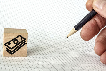Money icon with hand holding pencil and room for text