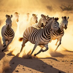 Obraz premium A herd of zebras galloping across a sun-soaked savannah.