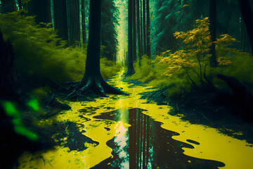 Chemical liquid emissions waste of yellow color among the trees in the forest wood spilled in the river and swamp of the forest. Generative AI technology.