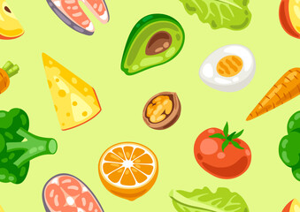 Seamless pattern with healthy eating and diet meal. Fruits, vegetables and proteins for proper nutrition.