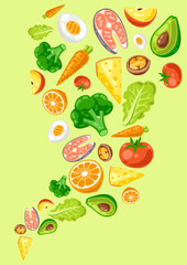 Background with healthy eating and diet meal. Fruits, vegetables and proteins for proper nutrition.
