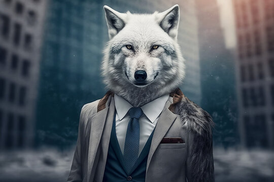 The Chic Snow Fox": A snow fox dressed in a sharp business suit, capturing its grace and beauty, Creative Stock Image of Animals in Business Suit. Generative AI