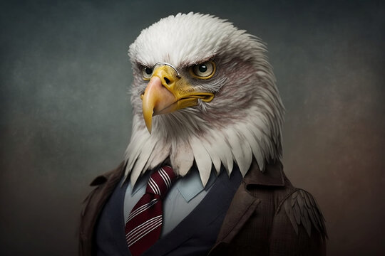 The Majestic Eagle": An eagle in a formal suit, representing strength and power, Creative Stock Image of Animals in Business Suit. Generative AI