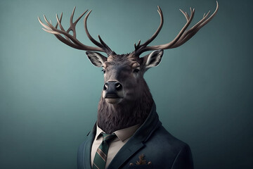 The Business Elk": An elk in a stylish business suit, commanding the room, Creative Stock Image of Animals in Business Suit. Generative AI