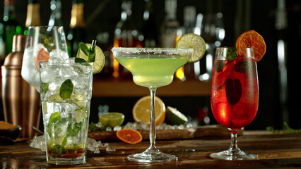 Preparation of cocktail drinks on bar.
