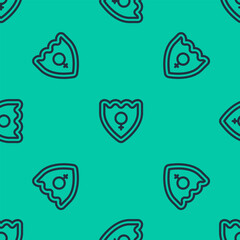 Blue line Gender shield, Female icon isolated seamless pattern on green background. Vector