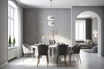 Illustration of the interior design of a modern Scandinavian apartment, living room with beige sofa and dining room, panorama 3d rendering generative AI tools