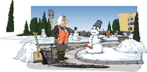 Winter snowmen and children