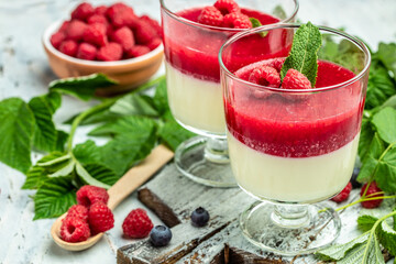 Raspberry Panna cotta with raspberry jelly on a light background. Berry dessert with cream sauce in...