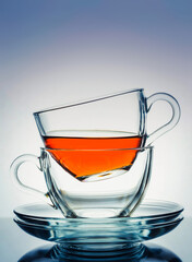 Two glass transparent cups with tea and saucers on a white-blue gradient background. Tea break.Morning tea drinking.