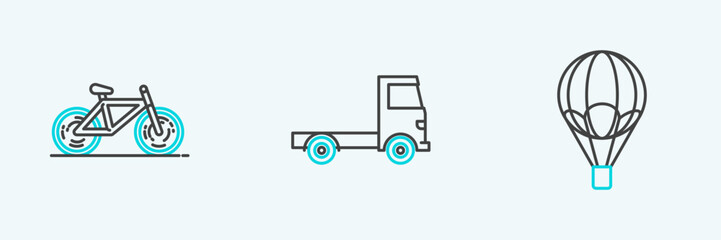 Obraz premium Set line Hot air balloon, Bicycle and Delivery cargo truck vehicle icon. Vector